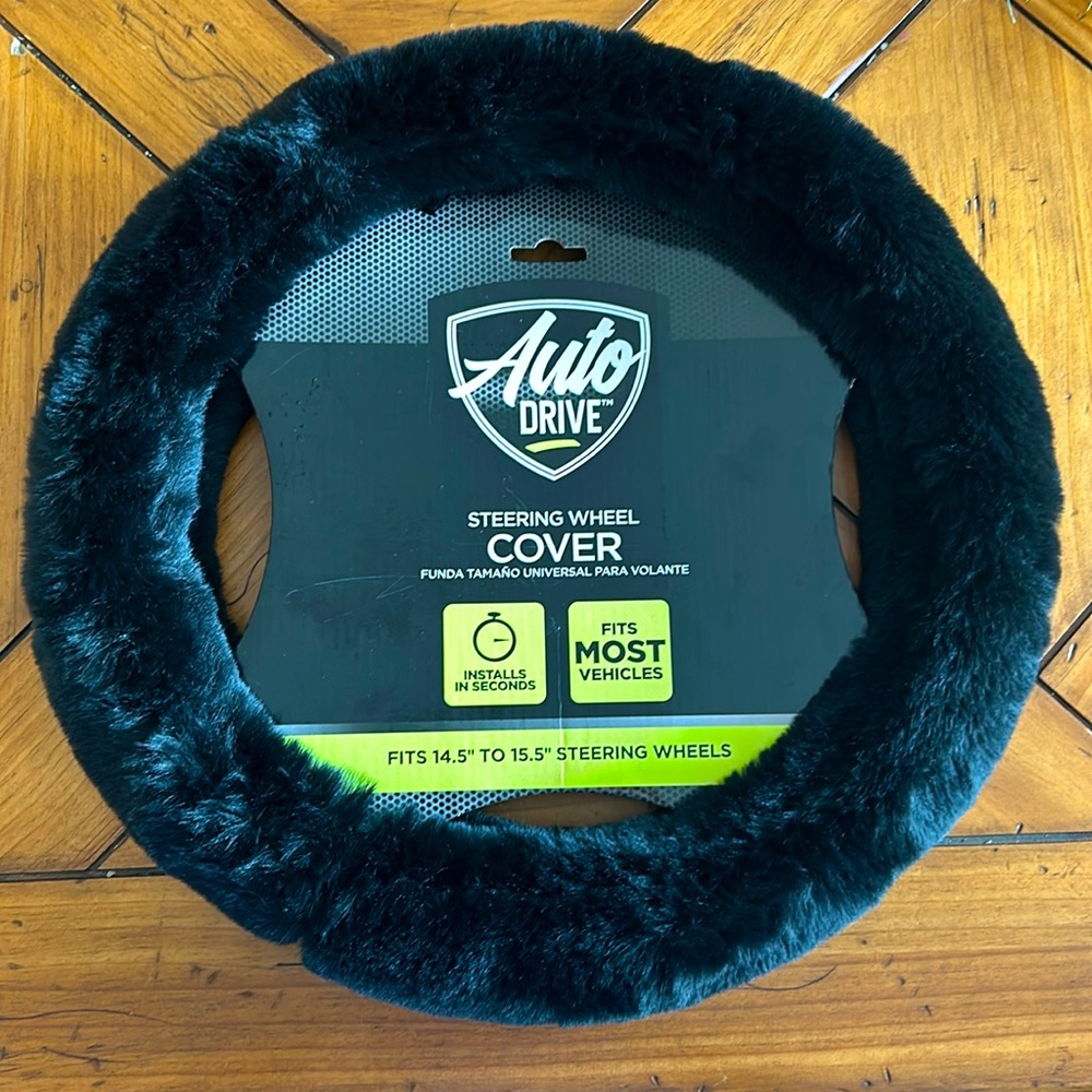 black fuzzy steering wheel cover